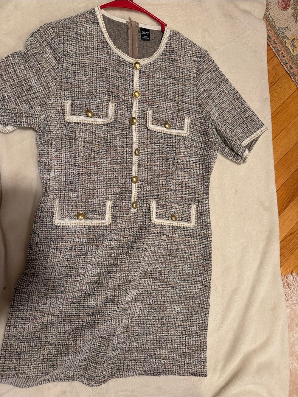 Dazy Old Money Tweed Short-Sleeve Pocket Dress in Multi-Gray